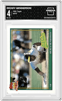 Rickey Henderson from the 1991 Topps set graded by Arena Club and given an overall grade of 4.