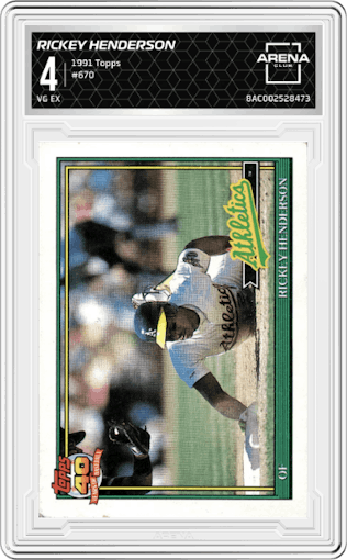 Rickey Henderson from the 1991 Topps set graded by Arena Club and given an overall grade of 4.