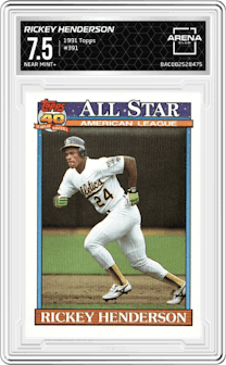 Rickey Henderson from the 1991 Topps set graded by Arena Club and given an overall grade of 7.5.
