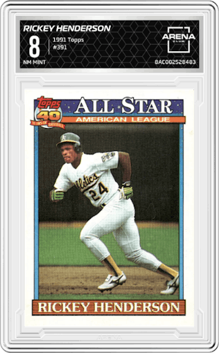Rickey Henderson from the 1991 Topps set graded by Arena Club and given an overall grade of 8.