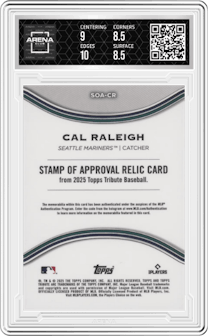 Cal Raleigh from the 2025 Topps Tribute set featuring a Blue parallel graded by Arena Club and given an overall grade of 9.