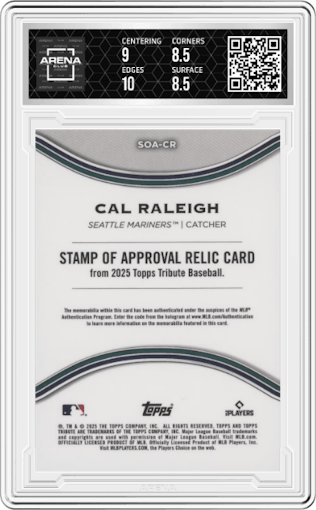 Cal Raleigh from the 2025 Topps Tribute set featuring a Blue parallel graded by Arena Club and given an overall grade of 9.
