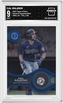 Cal Raleigh from the 2025 Topps Tribute set featuring a Blue parallel graded by Arena Club and given an overall grade of 9.