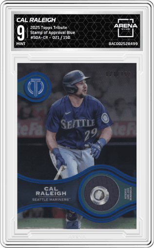 Cal Raleigh from the 2025 Topps Tribute set featuring a Blue parallel graded by Arena Club and given an overall grade of 9.