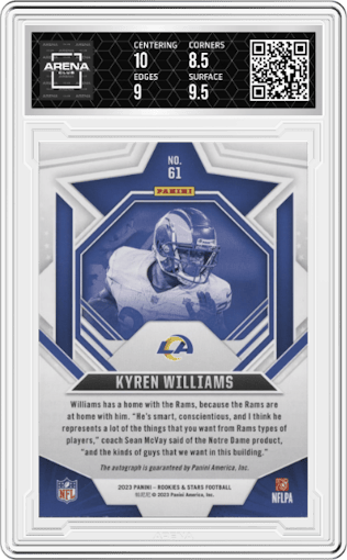 Kyren Williams from the 2023 Panini Rookies & Stars set graded by Arena Club and given an overall grade of 9.