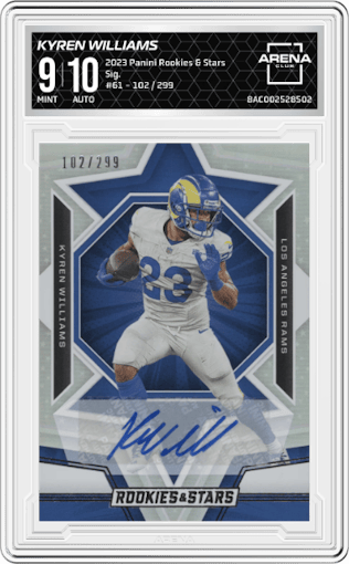 Kyren Williams from the 2023 Panini Rookies & Stars set graded by Arena Club and given an overall grade of 9.