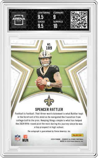 Spencer Rattler from the 2024 Panini Rookies & Stars set graded by Arena Club and given an overall grade of 9.5.