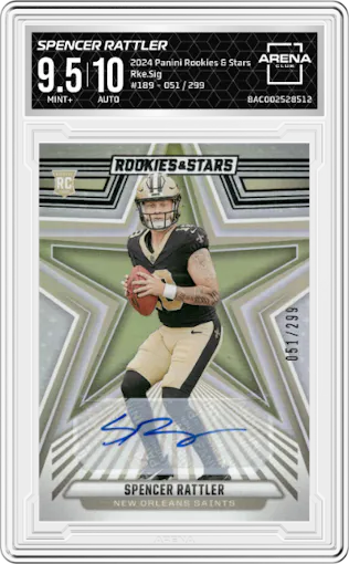 Spencer Rattler from the 2024 Panini Rookies & Stars set graded by Arena Club and given an overall grade of 9.5.
