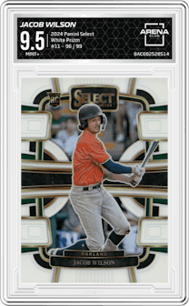Jacob Wilson from the 2024 Panini Select set featuring a White Prizm parallel graded by Arena Club and given an overall grade of 9.5.
