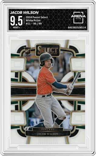 Jacob Wilson from the 2024 Panini Select set featuring a White Prizm parallel graded by Arena Club and given an overall grade of 9.5.