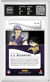 J.J. McCarthy from the 2024 Panini Illusions set featuring a Orange Trophy Collection parallel graded by Arena Club and given an overall grade of 9.