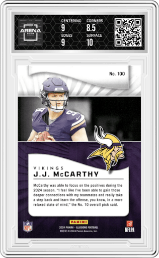 J.J. McCarthy from the 2024 Panini Illusions set featuring a Orange Trophy Collection parallel graded by Arena Club and given an overall grade of 9.
