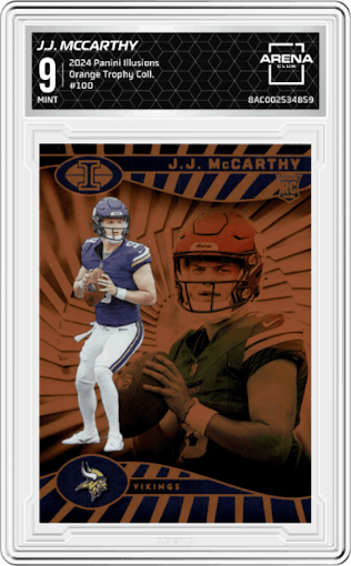 J.J. McCarthy from the 2024 Panini Illusions set featuring a Orange Trophy Collection parallel graded by Arena Club and given an overall grade of 9.