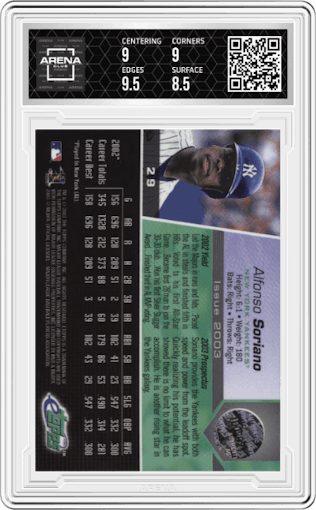 Alfonso Soriano from the 2003 Topps eTopps set graded by Arena Club and given an overall grade of 9.