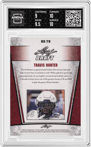 Travis Hunter	 from the 2023 Leaf Special Release Draft Silver set graded by Arena Club and given an overall grade of 9.5.