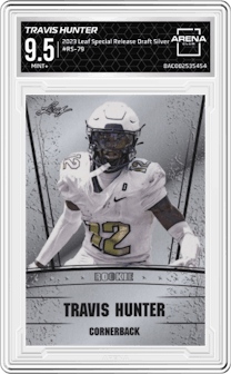 Travis Hunter	 from the 2023 Leaf Special Release Draft Silver set graded by Arena Club and given an overall grade of 9.5.