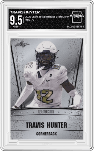Travis Hunter	 from the 2023 Leaf Special Release Draft Silver set graded by Arena Club and given an overall grade of 9.5.