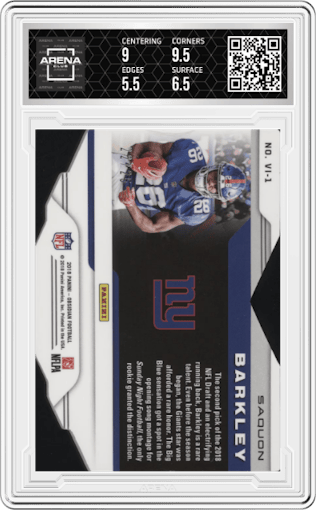 Saquon Barkley from the 2018 Panini Obsidian set featuring a Electric Etch Green parallel graded by Arena Club and given an overall grade of 6.