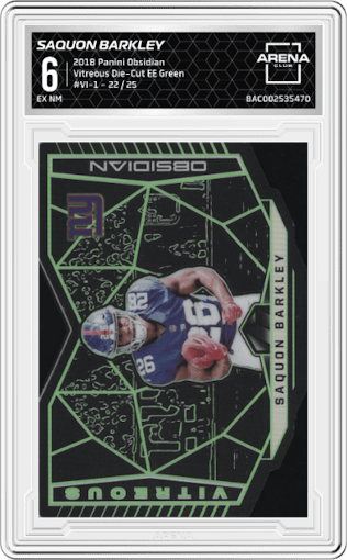 Saquon Barkley from the 2018 Panini Obsidian set featuring a Electric Etch Green parallel graded by Arena Club and given an overall grade of 6.