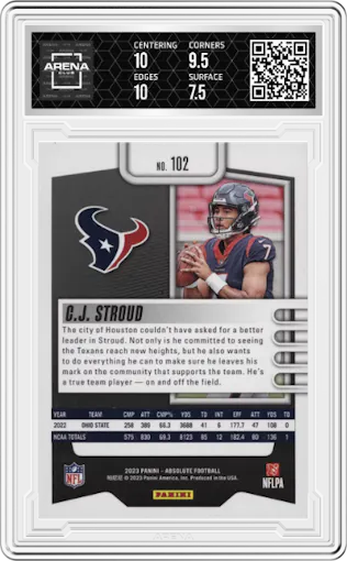 C.J. Stroud from the 2023 Panini Absolute set graded by Arena Club and given an overall grade of 8.