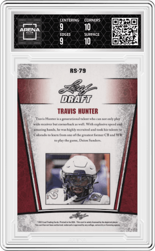 Travis Hunter from the 2023 Leaf Special Release set graded by Arena Club and given an overall grade of 9.5.