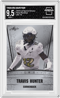 Travis Hunter from the 2023 Leaf Special Release set graded by Arena Club and given an overall grade of 9.5.