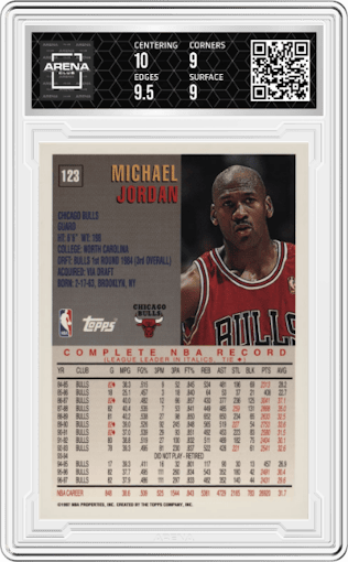 Michael Jordan from the 1997-98 Topps  set graded by Arena Club and given an overall grade of 9.5.