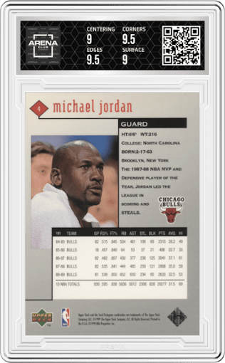 Michael Jordan from the 1998-99 Upper Deck Black Diamond set graded by Arena Club and given an overall grade of 9.5.