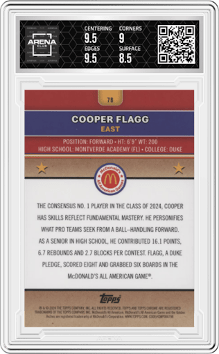 Cooper Flagg from the 2024 Topps Chrome McDonald's All-American set graded by Arena Club and given an overall grade of 9.