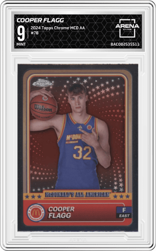 Cooper Flagg from the 2024 Topps Chrome McDonald's All-American set graded by Arena Club and given an overall grade of 9.