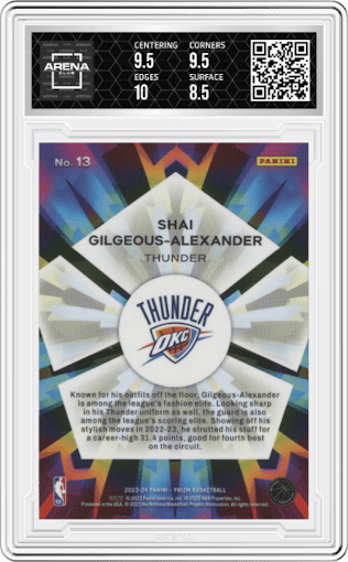 Shai Gilgeous-Alexander from the 2023-24 Panini Prizm set graded by Arena Club and given an overall grade of 9.