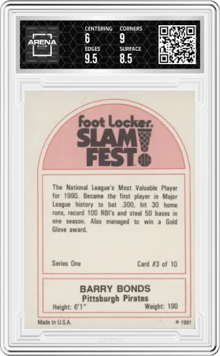 Barry Bonds from the 1991 Foot Locker Slam Fest set graded by Arena Club and given an overall grade of 6.5.
