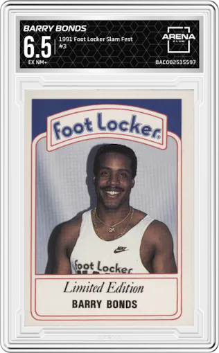 Barry Bonds from the 1991 Foot Locker Slam Fest set graded by Arena Club and given an overall grade of 6.5.