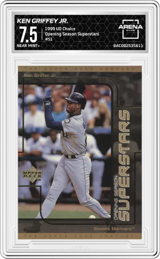 Ken Griffey Jr. from the 1999 UD Choice set graded by Arena Club and given an overall grade of 7.5.