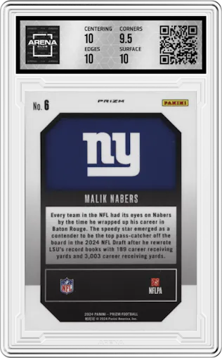 Malik Nabers from the 2024 Panini Prizm set featuring a Green Prizm parallel graded by Arena Club and given an overall grade of 10.
