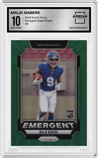 Malik Nabers from the 2024 Panini Prizm set featuring a Green Prizm parallel graded by Arena Club and given an overall grade of 10.