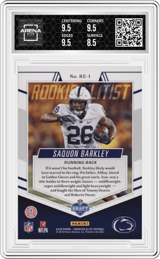 Saquon Barkley from the 2018 Panini Donruss Elite set graded by Arena Club and given an overall grade of 9.