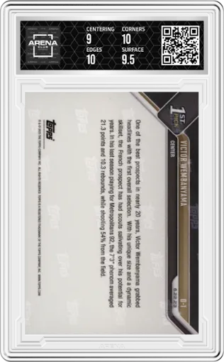 Victor Wembanyama from the 2023 Topps Now
 set graded by Arena Club and given an overall grade of 9.5.