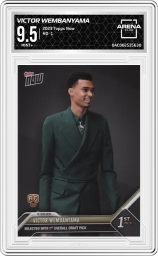 Victor Wembanyama from the 2023 Topps Now
 set graded by Arena Club and given an overall grade of 9.5.