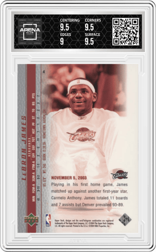 LeBron James from the 2003-04 Upper Deck set graded by Arena Club and given an overall grade of 9.5.