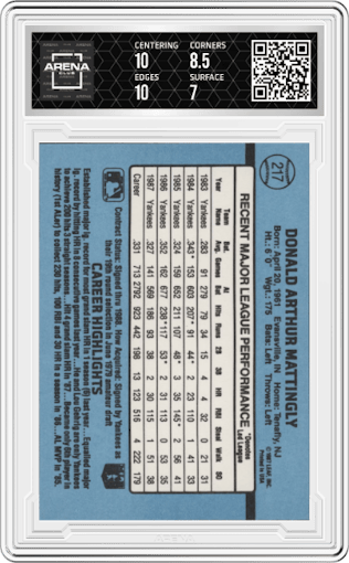 Don Mattingly from the 1988 Donruss set graded by Arena Club and given an overall grade of 7.5.