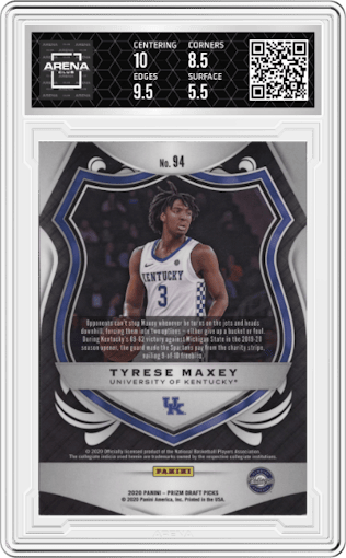 Tyrese Maxey from the 2020-21 Panini Prizm Draft Picks set graded by Arena Club and given an overall grade of 6.