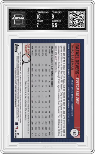 Rafael Devers from the 2021 Topps Big League set featuring a Rainbow Foil parallel graded by Arena Club and given an overall grade of 7.