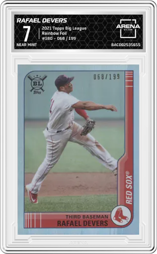 Rafael Devers from the 2021 Topps Big League set featuring a Rainbow Foil parallel graded by Arena Club and given an overall grade of 7.