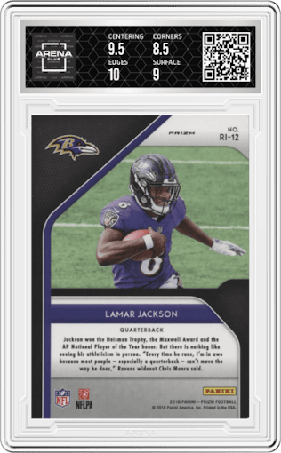 Lamar Jackson from the 2018 Panini Prizm set graded by Arena Club and given an overall grade of 9.