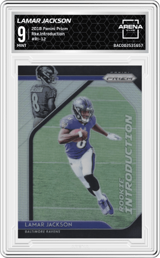 Lamar Jackson from the 2018 Panini Prizm set graded by Arena Club and given an overall grade of 9.