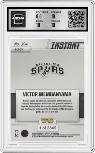 Victor Wembanyama from the 2023-24 Panini Instant NBA set graded by Arena Club and given an overall grade of 10.