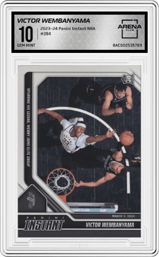 Victor Wembanyama from the 2023-24 Panini Instant NBA set graded by Arena Club and given an overall grade of 10.