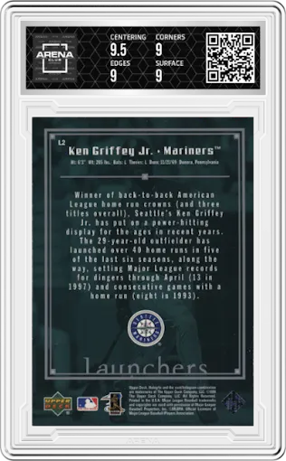 Ken Griffey Jr. from the 1999 Upper Deck HoloGrFX set graded by Arena Club and given an overall grade of 9.