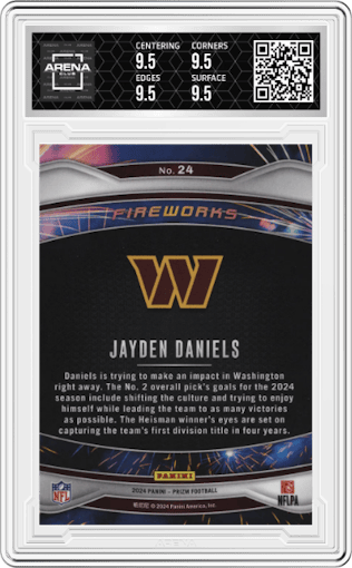Jayden Daniels from the 2024 Panini Prizm set graded by Arena Club and given an overall grade of 9.5.